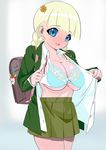  backpack bad_id bad_pixiv_id bag blonde_hair blue_eyes bra braid breasts cleavage copyright_request hikonyan kawasaki_kazuhiko large_breasts lingerie open_clothes open_shirt school_uniform shirt skirt solo sweat underwear 