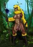  black_lipstick blonde_hair breasts dark_skin futanari g1r0r0 harpy machete penis solo spear wings 