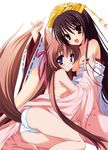  absurdres animal_ears ass bare_shoulders blush breasts brown_eyes brown_hair crossover fox_ears fox_tail highres japanese_clothes long_hair looking_at_viewer medium_breasts mito_mashiro moekibara_fumitake multiple_girls muririn nipples off_shoulder panties purple_eyes red_eyes ribbon smile tail tareme tayutama tenshinranman thighs tsurime underwear unohana_no_sakuyahime very_long_hair white_panties 