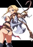  ass blonde_hair blue_eyes braid butt_crack highres leina queen's_blade revealing_clothes short_hair_with_long_locks side_braid solo sword twin_braids weapon yajiro_masaru 