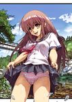  bad_id bad_pixiv_id blouse brown_hair hisahiko long_hair miniskirt neckerchief original panties pink_panties pleated_skirt school_uniform serafuku skirt skirt_lift solo standing striped striped_panties underwear water 