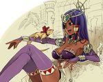  bad_id bad_pixiv_id blue_hair bracelet breasts bridal_gauntlets choker circlet cleavage crossed_legs dark_skin dragon_quest dragon_quest_ix egyptian eyeshadow hotori_takeo jewelry large_breasts makeup partially_colored purple_eyes ribbon short_twintails sitting skindentation solo thighhighs throne twintails ulysses uraeus 