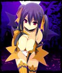  bare_shoulders bat bat_wings bent_over between_breasts border bow bow_panties breasts bridal_gauntlets choker cleavage detached_sleeves downblouse hair_ribbon halloween hand_between_breasts hanging_breasts jack-o'-lantern kinoshita_ichi large_breasts leaning_forward original panties pumpkin purple_hair red_eyes ribbon solo thighhighs underwear white_panties wings 