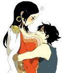  1boy 1girl between_breasts black_hair blush boa_hancock breast_smother breasts cleavage earrings height_difference hug huge_breasts jewelry kinako_(marubotan) long_hair monkey_d_luffy one_piece scar 