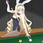  1girl animal_ears blonde_hair blue_eyes blue_hairband blush breasts bunny_ears bunny_girl bunnysuit cecilia_alcott cue_stick detached_collar drill_hair hairband highres infinite_stratos long_hair maruze_circus pantyhose pool_table solo wrist_cuffs 