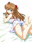  ass barefoot blue_eyes blue_panties blush breasts brown_hair cameltoe covered_nipples feet handheld_game_console joy_ride long_hair looking_back lying medium_breasts neon_genesis_evangelion nightgown on_stomach open_mouth panties pantyshot pantyshot_(lying) playing_games rebuild_of_evangelion shikinami_asuka_langley solo souryuu_asuka_langley striped striped_panties underwear white_panties wonderswan 