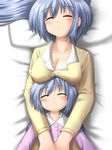  age_difference bed blue_hair blush breast_rest breasts breasts_on_head child cleavage closed_eyes height_difference large_breasts mother_and_daughter multiple_girls original pajamas short_hair sleeping smile yoruuma 