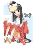  2009 black_hair highres japanese_clothes long_hair miko new_year no_panties original sandals shouji_ayumu sitting skirt skirt_lift solo 