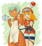  apron aqua_hair belt bike_shorts blonde_hair blush dark_skin flat_chest gloves green_eyes hat heart multiple_girls naked_apron red_eyes red_shorts rockman rockman_dash roll_caskett sera_(rockman_dash) short_hair shorts standing sweatdrop utadokei white_hair wide_hips 