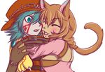  .hack//g.u. 1boy 1girl animal_ears aqua_hair azure_kite bad_deviantart_id bad_id blush brown_hair cat_ears hug la-blanc stitches tabby_(.hack//) 