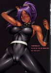  abs bang-you bleach blush bodysuit breasts cameltoe collar covered_nipples dark_skin halterneck highres large_breasts leash muscle navel ponytail purple_hair shihouin_yoruichi shiny shiny_skin solo spandex 