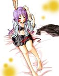 animal_ears bad_id bad_pixiv_id barefoot bed blush bra bunny_ears clothes ear_grab feet front-tie_top kyouno lace lace-trimmed_bra lingerie long_hair navel open_clothes open_shirt purple_hair reclining red_eyes reisen_udongein_inaba shirt skirt solo touhou underwear undressing 