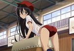  absurdres arm_support ass bangs baseball_cap basketball_hoop bent_over black_hair black_legwear blush brown_eyes buruma ceiling cloud day flat_chest frown gym gym_uniform hair_between_eyes hat highres indoors kneehighs kneepits long_hair looking_at_viewer looking_back matsuura_mai megami midriff official_art pout railing scan shakugan_no_shana shana shirt short_sleeves sky solo vaulting_horse very_long_hair window 