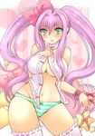  blush bow breasts cleavage copyright_request green_hair large_breasts panties pink_hair pocopoco solo striped striped_panties thighhighs underwear wide_hips 