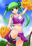  breasts cheerleader copyright_request covered_nipples green_hair itoji large_breasts midriff navel no_bra panties pleated_skirt pom_poms purple_eyes shoes skirt sneakers socks solo striped striped_panties twintails underwear upskirt 