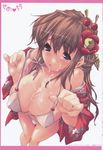  bikini breasts brown_hair cleavage copyright_request cum cum_on_body cum_on_breasts cum_on_upper_body erect_sawaru hair_ornament highres huge_breasts japanese_clothes solo swimsuit 