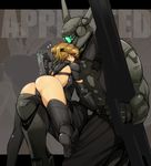  1girl appleseed armor ass briareos_hecatonchires brown_hair cannon couple cyberpunk cyborg deunan_knute gun headband hetero hitowa mecha rifle size_difference thighhighs weapon 