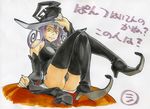  ass bare_shoulders black_panties blair boots gorigo hat highres marker_(medium) panties purple_hair solo soul_eater thigh_boots thighhighs traditional_media underwear witch witch_hat yellow_eyes 