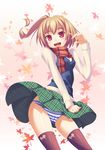  bad_id bad_pixiv_id brown_hair cameltoe copyright_request panties paseri_3gou plaid plaid_scarf plaid_skirt red_eyes scarf skirt solo striped striped_panties thighhighs underwear upskirt wind wind_lift 