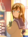  1girl bangs book bookshelf brown_hair commentary_request day holding holding_book indoors kunikida_hanamaru kuusuke_(yo_suke39) library long_hair long_sleeves looking_at_viewer looking_back love_live! love_live!_sunshine!! school_uniform serafuku smile solo upper_body uranohoshi_school_uniform yellow_cardigan yellow_eyes 