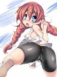  ass bike_shorts blue_eyes blush braid cameltoe fang from_behind latex leg_lift long_hair looking_back no_bra open_mouth orange_hair original shiranagi shirt_tug solo surprised tank_top tight twin_braids 