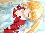  bed blonde_hair breasts cleavage fujisawa_kyou game_cg medium_breasts minna_no_uta_~everyone's_song~ pajamas paw_print pillow sakaki_maki sleeping solo twintails 