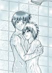  2boys gaara hug indoors lucrecia_(y!gallery) male_focus monochrome multiple_boys naruto nude rock_lee shower wet yaoi 