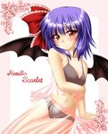  bat_wings black_bra black_panties bra character_name fang kagura_chitose lingerie navel panties purple_hair red_eyes remilia_scarlet see-through short_hair solo touhou underwear wings 