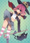  cat detached_sleeves fishing_hook hat highres navel original panties pink_hair skirt skirt_lift solo striped striped_legwear striped_panties takanashi_ringo thighhighs underwear upskirt witch_hat 