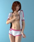  3d absurdres breast_hold breasts cleavage copyright_request covering covering_breasts highres hiro3787 huge_breasts open_clothes open_shirt photorealistic red_hair shirt shorts solo 