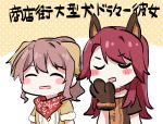  2girls ^_^ animal_ears bang_dream! bangs blush_stickers brown_hair closed_eyes collar dog_ears eyes_closed fur-trimmed_sleeves fur_trim gyaheung hand_to_own_mouth multiple_girls paw_pose polka_dot polka_dot_background ponytail red_bandana red_collar red_hair short_sleeves sidelocks translation_request u_u udagawa_tomoe upper_body yamabuki_saaya yellow_background 