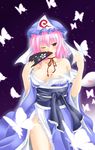  bare_shoulders breasts bug butterfly cleavage fan folding_fan hat insect japanese_clothes kimono large_breasts okitakung pink_hair red_eyes saigyouji_yuyuko short_hair solo touhou 
