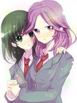  blush green_eyes green_hair hiwari holding_hands kajiki_yumi md5_mismatch multiple_girls necktie purple_eyes purple_hair saki school_uniform touyoko_momoko tsuruga_school_uniform yuri 