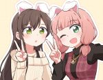  2girls :o ;d animal_ears bang_dream! bangs black_hair black_shirt blunt_bangs blush bunny_ears dress fake_animal_ears green_eyes gyaheung hair_tie hanazono_tae heart heart_necklace long_sleeves looking_at_another looking_at_viewer low_twintails multiple_girls one_eye_closed open_mouth outline pinafore_dress pink_hair plaid plaid_dress polka_dot polka_dot_background red_dress self_shot shirt smile sweater twintails uehara_himari upper_body v white_outline yellow_background yellow_sweater 