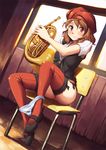  bad_id bad_pixiv_id blush brown_eyes brown_hair chair dutch_angle french_horn garters hat instrument legs mary_janes original panties panty_pull red_legwear saimon_ma shoes sitting solo striped striped_panties thighhighs underwear window 