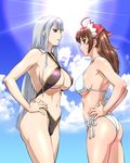  alicia_melchiott ass bikini breast_envy breasts brown_eyes brown_hair cloud criss-cross_halter day halter_top halterneck hands_on_hips huge_breasts large_breasts long_hair multiple_girls navel red_eyes selvaria_bles senjou_no_valkyria senjou_no_valkyria_1 side-tie_bikini silver_hair sky sun sweatdrop swimsuit thighs ueyama_michirou underboob 