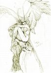  70s antennae bad_id bad_pixiv_id breasts claws devilman feather_hair feathers fjordtrotter harpy head_wings highres large_breasts monochrome monster_girl oldschool siren_(devilman) sitting sketch solo wings yellow 
