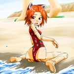  animal_ears ass azuma_doguu barefoot beach blush busou_shinki cat_ears day doll doll_joints feet from_behind leotard looking_back open_mouth orange_hair red_eyes red_leotard sitting soles solo tigris wariza wet 