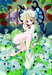  absurdres ado_(adonki) bad_id bad_pixiv_id barefoot blonde_hair blue_wings blush braid butterfly_wings fairy feet flat_chest flower frog hair_flower hair_ornament highres mercedes odin_sphere panties pointy_ears red_eyes shoes single_shoe skirt solo tears twin_braids underwear upskirt wings 