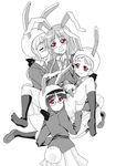  animal_ears blazer blush bunny_ears bunny_tail carrot extra greyscale jacket kairakuen_umenoka kneehighs long_hair monochrome moon_rabbit_(touhou) multiple_girls necktie pleated_skirt red_eyes reisen_udongein_inaba short_hair skirt socks spot_color tail touhou yuri 