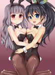  animal_ears blue_eyes bow bowtie breast_press breasts bunny_ears bunnysuit earrings fang ganaha_hibiki idolmaster idolmaster_(classic) jewelry kagami_yuu large_breasts long_hair multiple_girls pantyhose red_eyes shijou_takane symmetrical_docking wrist_cuffs 