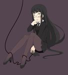  biting black_hair blush controller female_protagonist_(houkago_play) finger_biting game_controller glasses high_heels houkago_play legs long_hair miniskirt necktie oza_watto pantyhose shoes sitting skirt solo very_long_hair yellow_eyes 