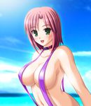  :d armpits blush breasts choker cleavage cloud day green_eyes large_breasts looking_at_viewer nak_yama open_mouth red_hair rio_rollins short_hair sky slingshot_swimsuit smile solo super_blackjack swimsuit 