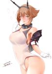  1girl 2019 adapted_costume artist_name black_capelet blush breasts brown_hair capelet collar collarbone competition_swimsuit covered_navel dated flipped_hair gloves green_eyes headgear heart highres kantai_collection kiriki_haruomi large_breasts licking_lips lips looking_at_viewer metal_collar mutsu_(kantai_collection) nipples nose_blush one-piece_swimsuit parted_lips remodel_(kantai_collection) seductive_smile see-through short_hair sideboob simple_background smile solo swimsuit tongue tongue_out upper_body white_background white_gloves white_swimsuit 