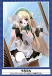 absurdres against_glass blonde_hair blush breast_press breasts breasts_on_glass cleaning cleavage copyright_request gloves green_eyes hairband highres large_breasts long_hair maid open_mouth solo thighhighs urotan white_gloves window 