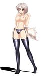  animal_ears bad_id bad_pixiv_id black_legwear bottomless breasts copyright_request e-t garter_straps grey_hair highres large_breasts legs long_legs nipples short_hair solo tail thighhighs thighs topless 