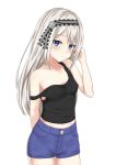  1girl bangs black_shirt blue_eyes blush breasts chi_xiao commentary cowboy_shot denim denim_shorts erect_nipples eyebrows_visible_through_hair headband highres kaguya-sama_wa_kokurasetai_~tensai-tachi_no_renai_zunousen~ long_hair looking_at_viewer midriff midriff_peek navel shirogane_kei shirt short_shorts shorts sidelocks silver_hair simple_background small_breasts solo tank_top white_background 