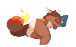  2018 ahoge animal_humanoid anthro big_butt bottomless breasts butt butt_focus canid canine canis caradhina clothed clothing cosmicminerals digital_media_(artwork) embers female fire fur hair hi_res humanoid larroqm mammal nude pillow simple_background sleeping small_breasts solo thick_thighs wide_hips 