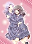  blazer blush highres hug jacket kajiki_yumi multiple_girls necktie nobuda saki school_uniform touyoko_momoko tsuruga_school_uniform yuri 