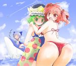  arano_oki ass bikini blue_hair blush breasts cirno day green_eyes green_hair hair_bobbles hair_ornament hat inflatable_dolphin inflatable_toy innertube medium_breasts multiple_girls one-piece_swimsuit onozuka_komachi red_eyes red_hair school_swimsuit shiki_eiki short_hair small_breasts swimsuit touhou two_side_up water 